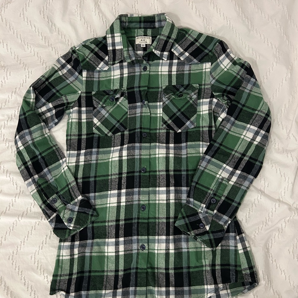 Matchstick Argus Green Flannel Shirt Women’s XS Plaid Button Up Pockets Roll Up